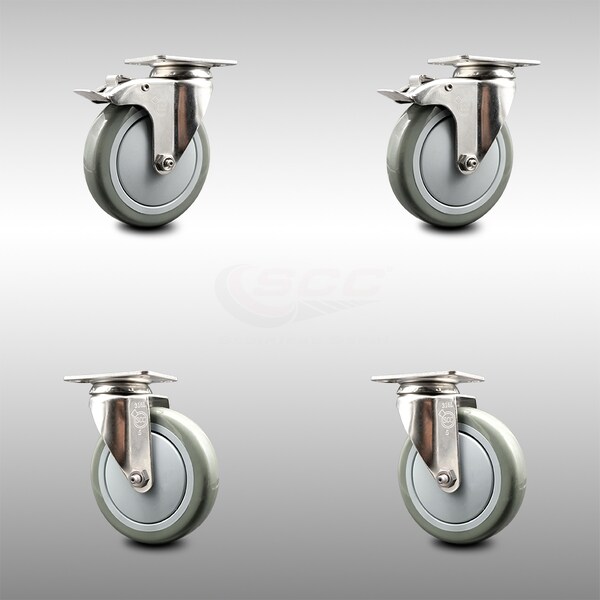 Service Caster 5 Inch 316SS Gray Polyurethane Wheel Swivel Top Plate Caster Lock Brakes, 2PK SCC-SS316TTL20S514-PPUB-2-S-2 - main